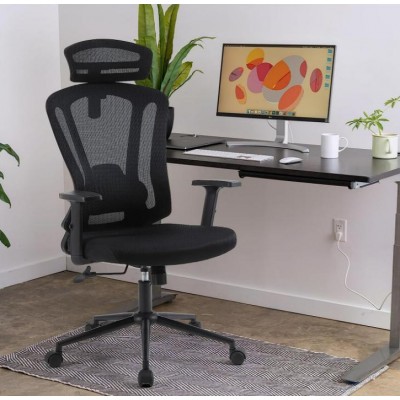 Ergonomic Home Office Chair, High Back Desk Chair with Adjustable Lumbar Support, Armrests and Headrest, Black Mesh Computer Gaming Chair with Wheels