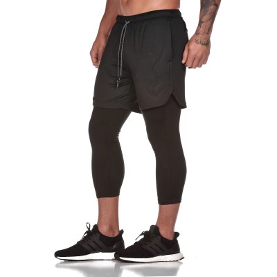 Men's Comprehensive Training Cropped Pants Double-layer Fake Two-piece Slim Leggings Jogging Exercise Basketball Sportswear Men